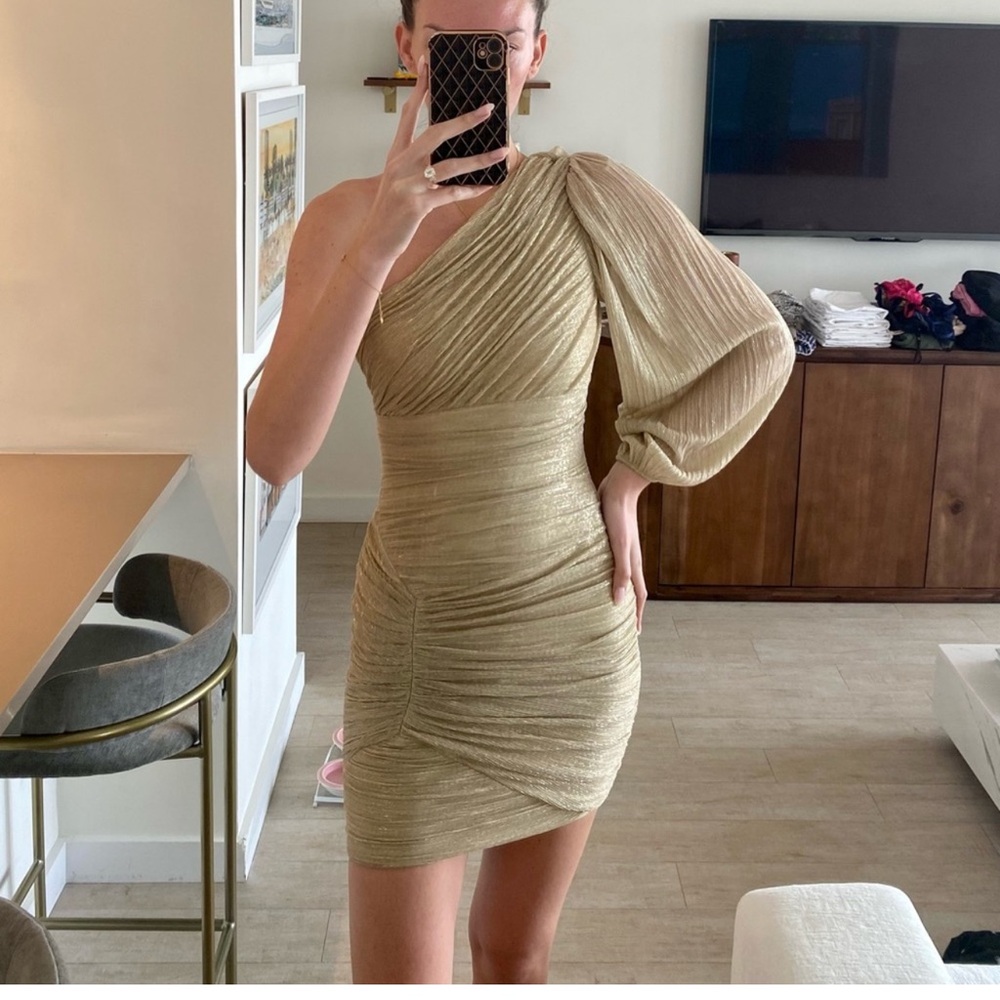 BCBG Gold One-Shoulder Mini Dress XS
